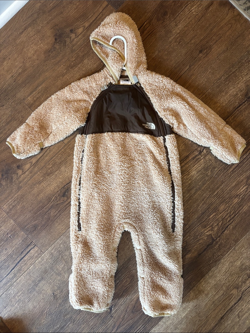 The North Face Cream Teddy Fleece Hooded One-Piece with Brown Chest Panel